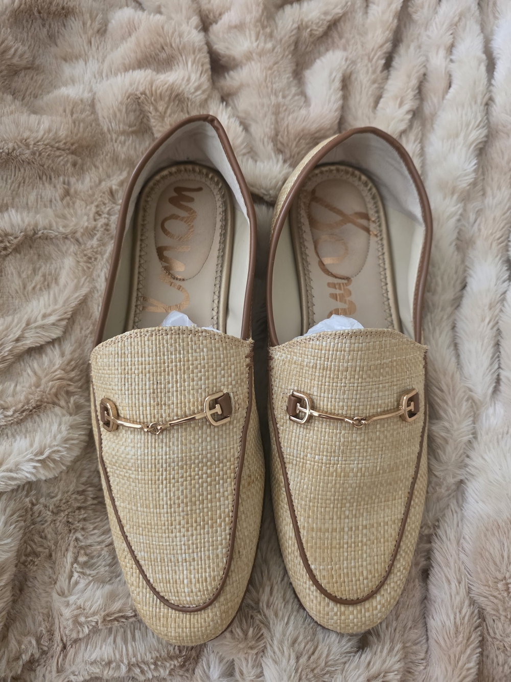 Sam Edelman Beige Woven Loafers with Gold Bit